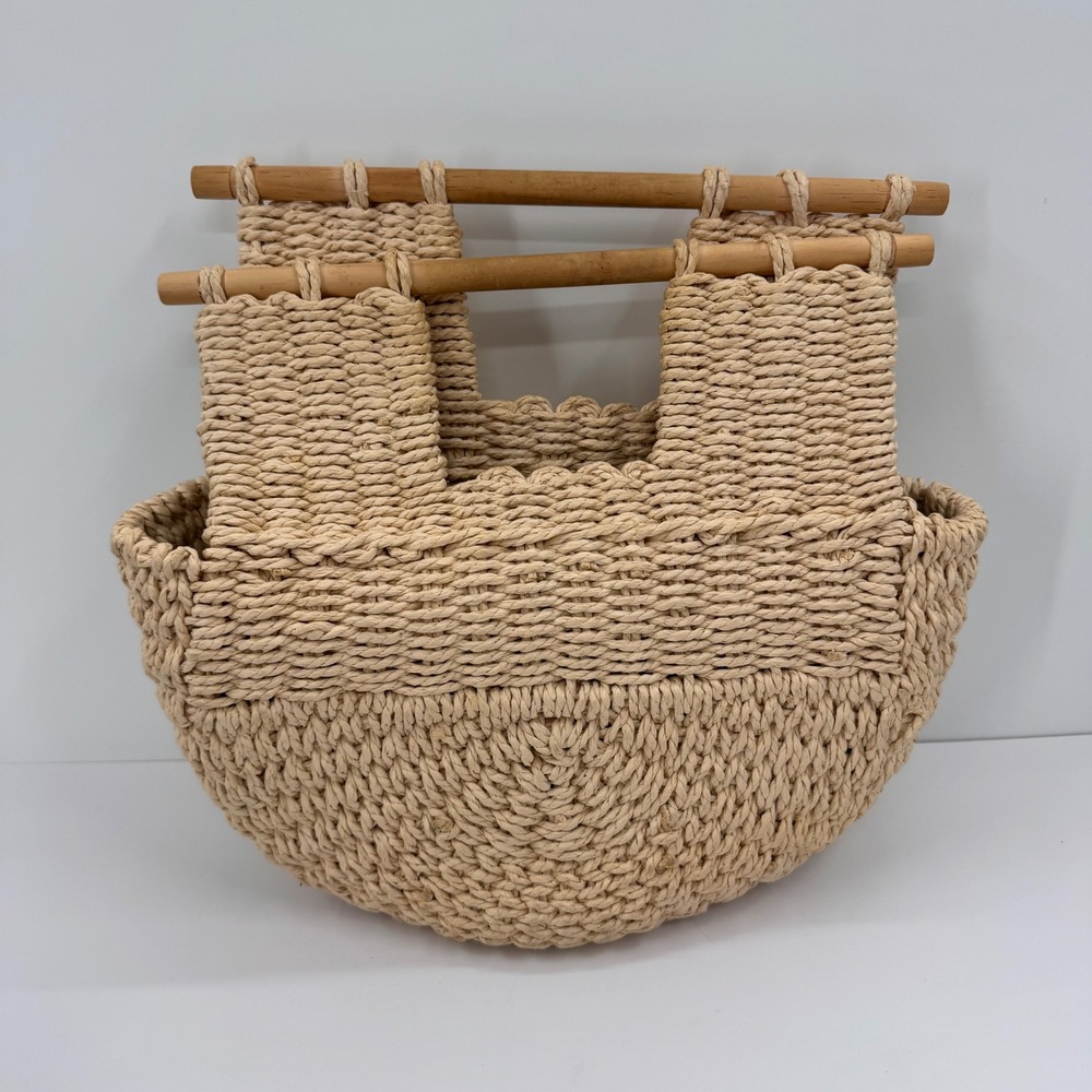 Woven Straw Tote Bag Half Moon Wooden Handle Beige Boho Summer Handbag Unbranded - Picture 2 of 12